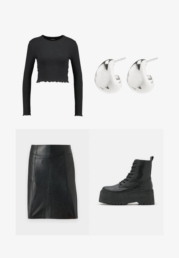 Melnas ribota ilgstoša raiba kreklis ar apaļu kakla izgriezumu un viļņotu apakšmalu. Izgatavots no elastīga materiāla, lai nodrošinātu pieguļošu izskatu.; Melnas ādas svārki ar pieguļošu dizainu. Gluda tekstūra, šuves izceļ formu un taisna apakšmalu. Minimālistiska un eleganta izskata.; Melni potītes zābaki ar masīvu platformu, izgatavoti no gludas ādas, ar šņorēšanas dizainu un cilpu aizmugurē.; Sudraba auskari ar gludu, izliekta dizaina. Tie ir ar pulētu apdari un ir aprīkoti ar aizdari, kas nodrošina drošu valkāšanu.