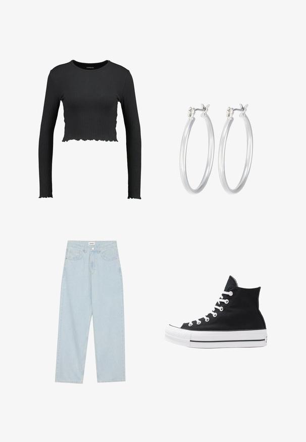 Sort ribbet langærmet crop top med rund halsudskæring og bølget kant. Fremstillet af et strækbart materiale for en tætsiddende pasform.; Lysblå vidde jeans lavet af denim, med mid-rise talje, fem lommer og en knaplukning med en slank metalaccent.; Højtop sort lærredssko med hvide øjetter, snørebånd og gummisål. Har en tekstureret tåhætte og sorte og hvide stribe-accenter.; Sølv hoop øreringe med en glat, poleret overflade. Rund form og sikker klik-lukning. Letvægtsdesign, der er velegnet til hverdagsbrug.