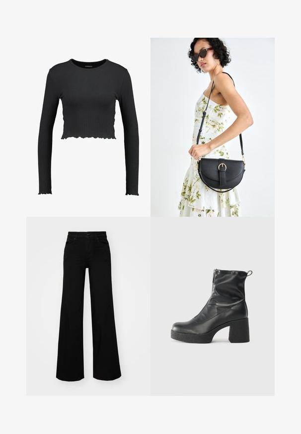 Musta ribbed pitkähihainen crop-top, jossa on pyöreä kaula-aukko ja aaltoileva helma. Valmistettu venyvästä materiaalista tiukan istuvuuden saavuttamiseksi.; Musta leveälahkeinen farkkupanta, jossa on rakenteellinen vyötärö, vyölenkit ja etutaskut. Sujuva rakenne klassisella muotoilulla.; Mustat nilkkurit, jotka on valmistettu sileästä nahasta. Niissä on sivuvetoketju, paksu teksturoitu korko ja pyöristetty kärki.; Musta nahkainen käsilaukku, joka on kaareva muotoilultaan, irrotettavalla hihnalla ja kultaisilla yksityiskohdilla. Laukussa on läppä, jossa on solk yksityiskohta.