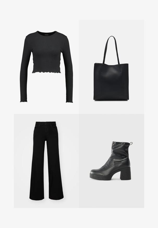 Juodas ribotas ilgomis rankovėmis trumpas viršus su apvali iškirpte ir banguotu apatiniu kraštu. Pagamintas iš tamprios medžiagos, užtikrinančios prigludusį įvaizdį.; Juodos plačios kelnės iš denimo, turinčios struktūruotą juosmenį, diržo kilpas ir priekines kišenes. Lygus paviršius su klasikinio dizaino elementais.; Juodos kulkšninių botai, pagaminti iš lygaus odos, su šoniniu užtrauktuku, masyviu tekstūruotu kulnu ir apvaliu pirštu.; Juodas odinis tote krepšys su lygia tekstūra, stačiakampio formos ir dviem ilgais rankenomis. Matomų metalinių detalių ar puošybos nėra.