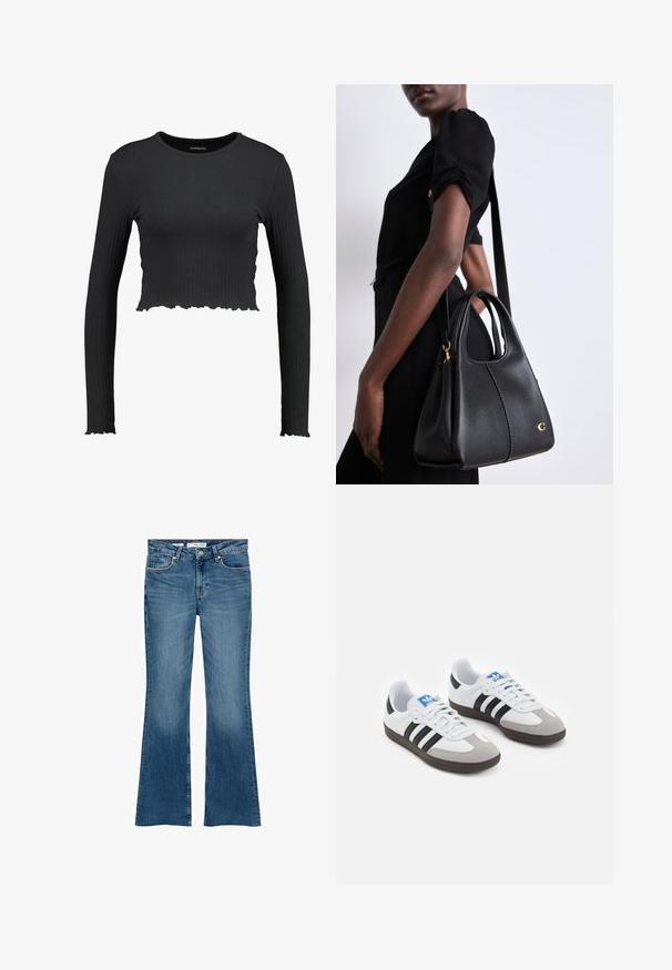 Čierny rebrovaný dlhý rukáv crop top s okrúhlym výstrihom a vlnkovým lemom. Vyrobený z elastického materiálu pre upnutý vzhľad.; Rozšírené modré džínsy z denimu s stredným pásom, ktoré majú predné vrecká a hladkú textúru, s čistým a klasickým dizajnom.; Športové topánky s bielym koženým zvrškom, šedou semišovou špičkou a tromi čiernymi pruhmi. Obsahujú modré logo na jazyku a štruktúrovanú gumovú podrážku.; Čierna kožená kabelka v tvare hobo, s hladkým povrchom, zaobleným vrchom a zlatými kovovými doplnkami.