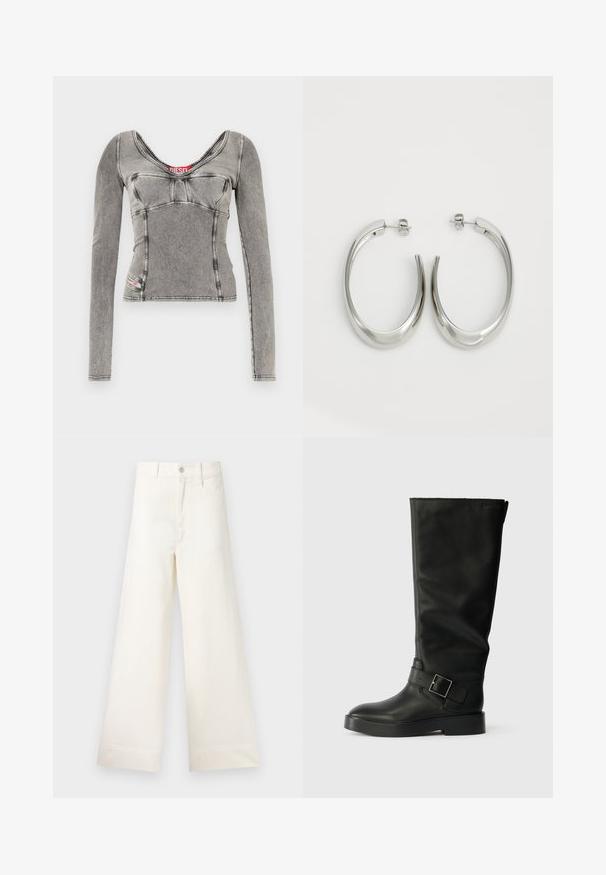 Hall värvitud pikad varrukad denimist lõng. Omab sügavat V-kaela, vormitud lõiget ja kontrastset õmblust. Brändi logo on nähtav äärel.; Laiad püksid heleses puuvillas. Omavad kõrget vööd, ees on taskud ja sirge lõige. Puhtad ääred ilma mustriteta.; Mustad kuni põlvedeni saapad, mis on valmistatud sileda nahast, ümarate varvastega, paksu tallaga ja horisontaalse rihmaga, millel on ristkülikukujuline lukku detail.; Hõbe rõngas kõrvarõngad, millel on sujuv ja kõver kuju. Omab läikivat metallist viimistlust ja nupuga sulgemist. Pole nähtavaid mustreid ega aksessuaare.