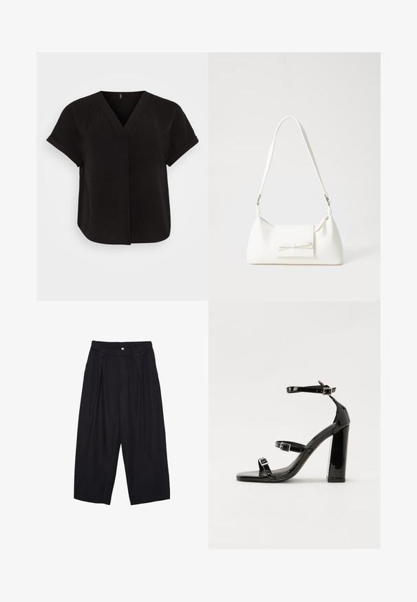Schwarze kurzärmlige Bluse mit V-Ausschnitt, aus leichtem strukturiertem Stoff, mit entspannter Passform und einem überlappenden Vorderdesign.; Schwarze Polyester-Culotte mit einem elastischen Bund, zwei vorderen Falten und einer lockeren Silhouette. Keine sichtbaren Muster oder Hardware-Details.; Schwarze patentierte Sandalen mit Absatz, quadratischer Spitze, Knöchelriemen und silbernen Schnallen. Mit einem stabilen Blockabsatz für mehr Stabilität.; Weiße synthetische Handtasche in dreieckiger Form, flache Vorderklappe und Schleifendetail, verstellbarer Trageriemen, glatte Textur und minimalistisches Design.