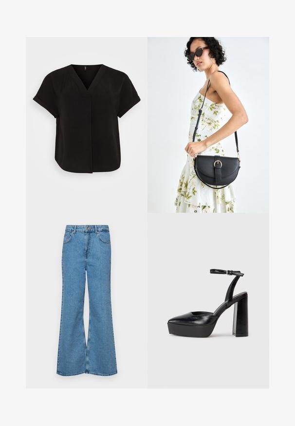Črna kratka majica s kratkimi rokavi z V-izrezom, narejena iz lahkega teksturiranega materiala, s sproščenim krojem in prekrivnim sprednjim delom.; Svetlo modri razširjeni džins hlače iz denima, z visokim pasom, petimi žepi in enim gumbom za zapiranje. Mehka tekstura z blagim zbledelim videzom.; Črne platforme z visokimi petami in koničastim nosom ter nastavljivim gležnjenjskim trakom. Narejene iz gladke usnje, s kockasto peto.; Črna usnjena torbica s ukrivljeno obliko, z odstranljivo naramnico in zlatimi dodatki. Torbica ima pokrov s podrobnostmi v obliki zaponke.