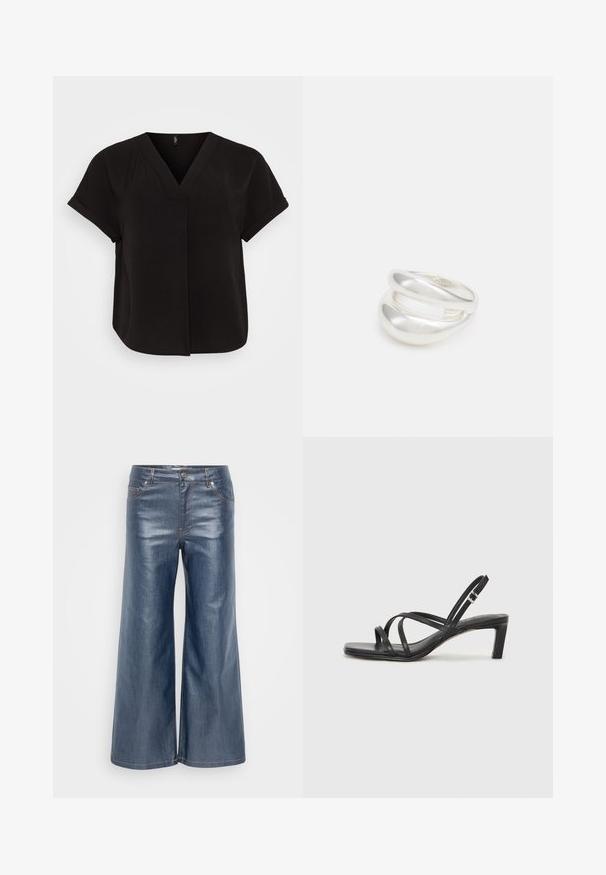 Blusa nera con maniche corte a V, realizzata in tessuto leggero e textured, caratterizzata da una vestibilità ampia e un design incrociato sul davanti.; Pantaloni in denim a gamba larga di colore blu scuro, con una texture liscia, design a cinque tasche e cuciture in contrasto. Chiusura anteriore con bottone e zip.; Sandalo nero con cinturini, dalla punta squadrata e tacco basso a blocco. Presenta diversi cinturini sottili e una cinturini regolabile alla caviglia. Realizzato in pelle liscia.; Anello doppio in argento con superficie liscia e lucida. Presenta un design fluido e curvo con sezioni sovrapposte per un aspetto moderno.