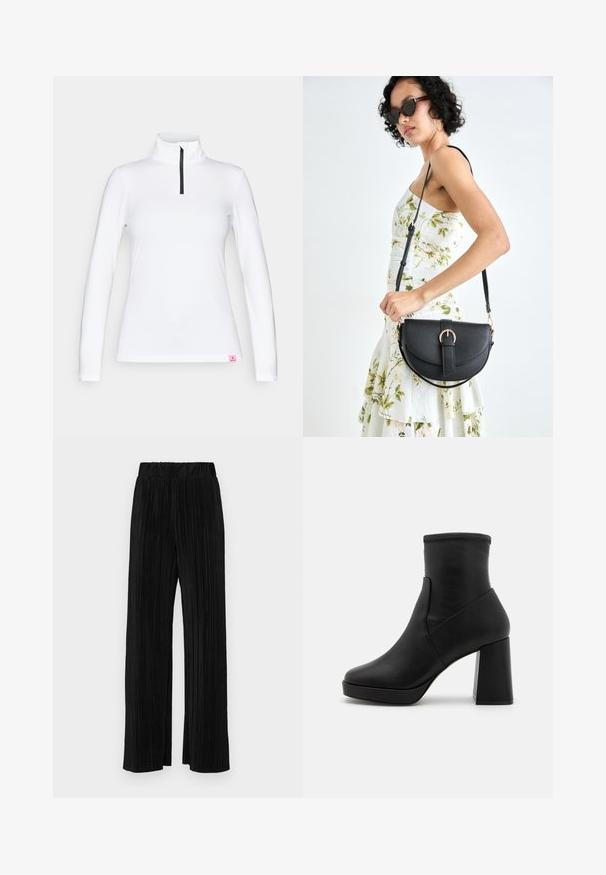 Witte langarmtop met een hoge kraag en een zwarte halve rits sluiting. Heeft een klein roze logo label aan de zoom. Gladde, rekbare stof.; Zwarte geplooide broek met een elastische tailleband. Beschikt over wijde pijpen en een glad, gestructureerd stof met verticale strepen.; Zwarte leren enkellaarzen met een hoge blokhak, een gladde textuur en een aansluitende schacht. Heeft een naadloos ontwerp zonder zichtbare sluitingen.; Zwarte leren handtas met een gebogen vorm, afneembare schouderband en gouden hardware. De tas heeft een klep met een gespsluiting.