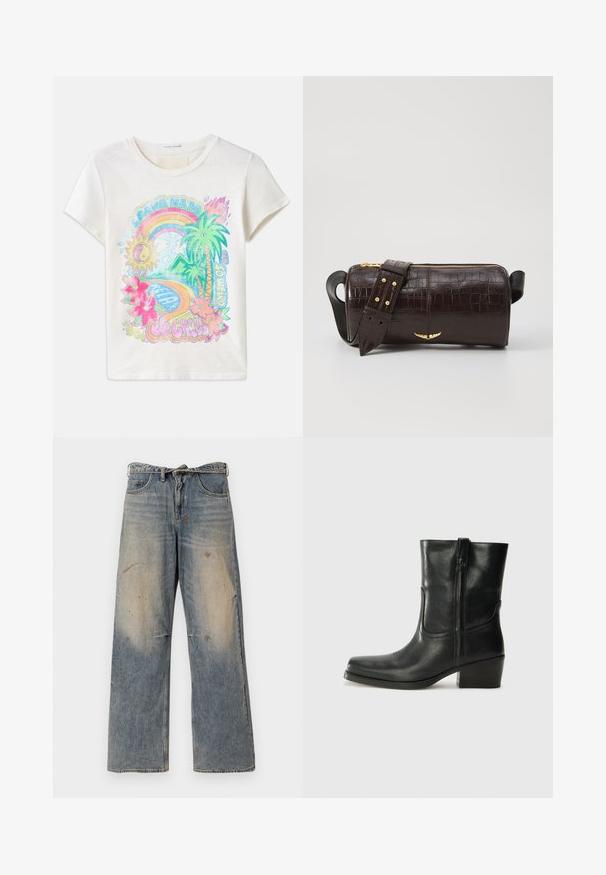 Medvilninis marškinėliai su kreminiu pagrindu, vaizduojantys spalvingą saulės, vaivorykštės, palmės ir tropinių gėlių grafiką. Trumpomis rankovėmis ir apvalia iškirpte.; Šviesiai mėlynos džinsinės kelnės su laisvu, tiesiu kojų kirpimu. Su įbrėžimais, nudilimu ir suplėšytais elementais šalia kelių. Klasikinis penkių kišenių stilius.; Juodi odiniai aulinukai iki kulkšnies su apvali nosimi, blokuotais kulnais, šonine užtrauktuku ir siuvimo akcentais ant viršutinės dalies. Lygi tekstūra, klasikinis dizainas.; Ruda krokodilo odspaudo odinė rankinė cilindro formos, su auksinėmis detalėmis ir nuimamu dirželiu, papuoštu studelėmis.