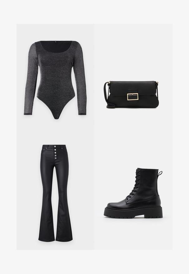 Black long-sleeve bodysuit made of a shimmery, stretchy material with a rounded neckline and high-cut leg openings. Smooth texture and form-fitting design.; Black flared pants made of smooth, stretchy material with a high waist and five metallic buttons at the front. Features two side pockets.; Black leather ankle boots with a round toe, lace-up front, and a thick rubber sole featuring a textured tread. Pull tab at the back.; Black leather clutch bag with a flap and a gold metal buckle detail. Includes a black strap and a sleek, minimalist design.