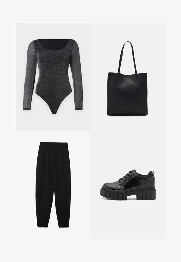 Juoda ilgomis rankovėmis bodysuit'as, pagamintas iš blizgaus, elastinio matinio audinio su apvaliu kaklu ir aukštu šlaunų iškirpimu. Sklandus paviršius ir prigludęs dizainas.; Juodi, lengvi kelnių su elastinga juosmens juosta ir surinktais kulkšniais. Audinys yra lygus ir turi atsipalaidavusį, siaurėjantį dizainą.; Juodi odiniai platformos batai su masyviu blokuota kulniuku, apvalia nosimi ir tradiciniu šnypštimo dizainu. Turintys glotnų paviršių ir minimalų dekoravimą.; Juodas odinis tote krepšys su lygia tekstūra, stačiakampio formos ir dviem ilgais rankenomis. Matomų metalinių detalių ar puošybos nėra.