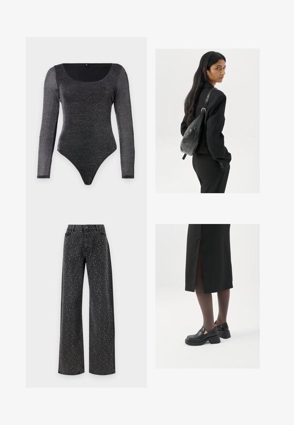Crni bodi dugih rukava izrađen od svjetlucavog, rastezljivog materijala s okruglim izrezom i visokim izrezima na nogavicama. Glatka tekstura i prilagodljiv dizajn.; Noisy May NMJANNEL LOOSE - Traperice opuštenog kroja - black denim; Crne kožne cipele s zaobljenim vrhom, debelim blok petama i elastičnim bočnim detaljima, uparene s tamnim čarapama i crnom suknjom s prorezom.; Žena s dugom tamnom kosom koja nosi crno odijelo, drži crnu kožnu torbu preko ramena i gleda unazad na bijeloj pozadini.; Srebrne okrugle naušnice s minimalističkim dizajnom. Kružni oblik, glatka tekstura i tanak profil. Lagane s poliranim završetkom.