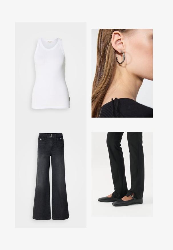 Débardeur en coton blanc sans manches avec encolure ras du cou, côtés sans coutures et petite étiquette logo en bas à gauche. Texture lisse.; Jean large en denim noir avec taille haute, boutons sur le devant et deux poches avant ; texture lisse avec une légère finition décolorée.; Ballerines en cuir noire avec un bout pointu, sangle avec boucle en argent, associées à un pantalon noir sur mesure avec un ourlet fendu.; Boucle d'oreille en argent avec une finition polie, présentant de petits détails en or et de forme ronde, portée sur le lobe.