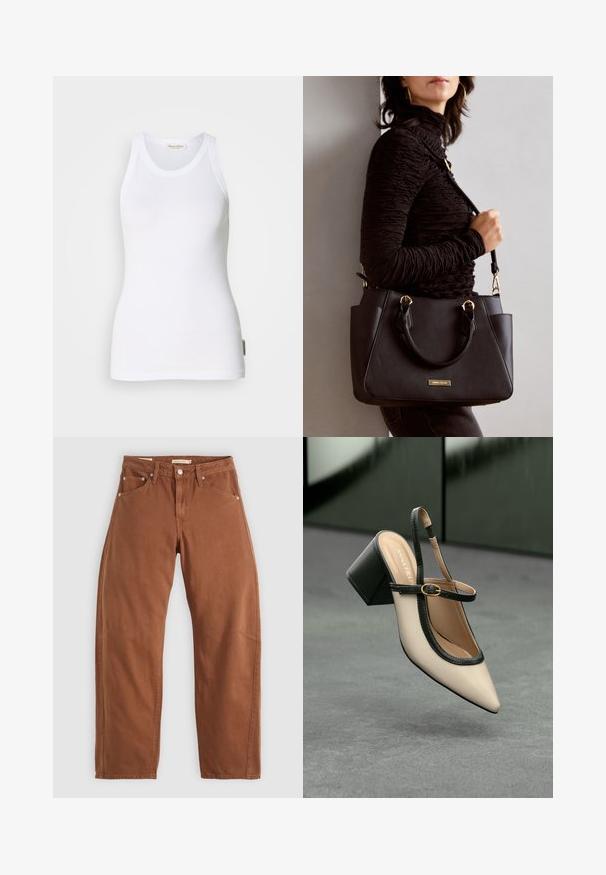 Hvit ermeløs bomullstank med rund hals, sømløse sider og en liten logoetikett nederst til venstre. Glatt tekstur.; Rostbrune rett-skaftede jeans med front- og baklommer, metallnitter, knappeåpning og beltehemper, lagt flatt på en hvit bakgrunn.; Beige spiss tå slingback sko med svart kant, gullspenne og tykk blokkheel på grått gulv med mørkegrønn bakgrunn.; Svart håndveske med teksturert overflate, doble topphåndtak og justerbar skulderrem. Har detaljer i gulltone og sidelommer.