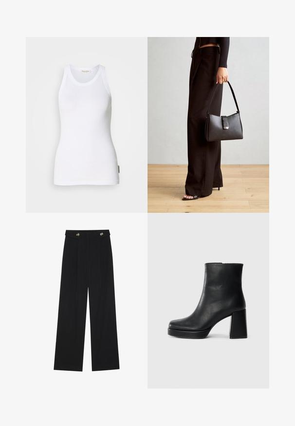 White sleeveless cotton tank top with a scoop neckline, seamless sides, and a small logo label on the bottom left side. Smooth texture.; Black wide-leg trousers with high waist, button details on waistband, and front pleats.; Black leather ankle boot with a block heel and platform sole, viewed from the side on a plain white background.; Black handbag with structured shape, smooth texture, and a metallic clasp. Paired with wide black pants and open-toe sandals on wooden floor.