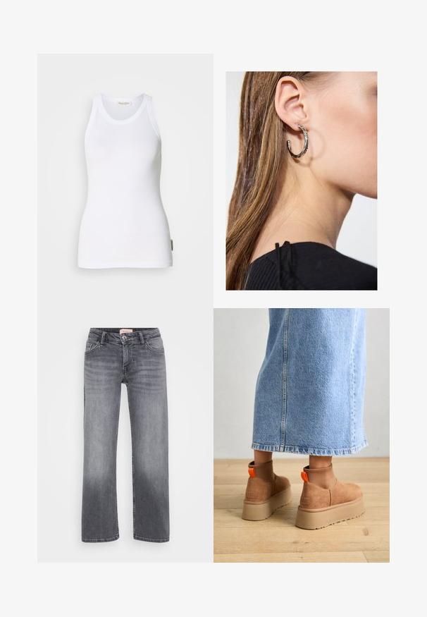 Débardeur en coton blanc sans manches avec encolure ras du cou, côtés sans coutures et petite étiquette logo en bas à gauche. Texture lisse.; Jean en denim gris avec un design à jambe droite, style cinq poches, décoloration subtile et fermeture à bouton à la taille.; Bottes en suède brun à plateforme avec des panneaux latéraux élastiques et des languettes orange, associées à une jupe en denim clair arrivant au genou sur un sol en bois.; Boucle d'oreille en argent avec une finition polie, présentant de petits détails en or et de forme ronde, portée sur le lobe.