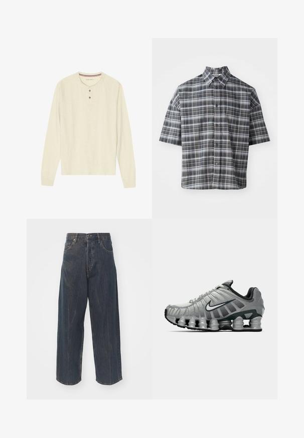 Triko henley s dlouhým rukávem v krémové barvě, vyrobené z měkké látky, s žebrovaným kulatým výstřihem, dvouknoflíkovým průkrčníkem a raglánovými rukávy.; Košile s krátkým rukávem s knoflíkovým zapínáním ve vzoru černé a šedé kostky. Obsahuje špičatý límec a přední zapínání na knoflíky černé barvy.; Široké tmavě modré džínové kalhoty s jemně obnošenou texturou, pěti kapsami a klasickým zapínáním na knoflík a zip v pase.; Šedá a černá běžecká obuv Nike s viditelným odpružením podobným pružině pod podrážkou a bílým logem swoosh na boku.