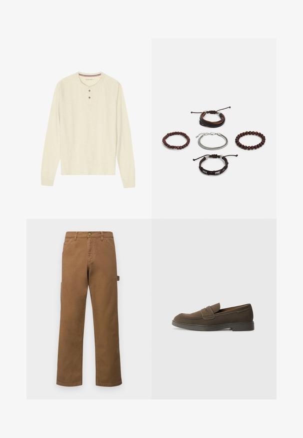 Long-sleeve henley shirt in cream, made of soft fabric, featuring a ribbed crew neck, two-button placket, and raglan sleeves.; Brown cotton cargo pants with straight legs, featuring side pockets and a metal button closure at the waist. Smooth texture and casual design.; Brown suede loafer with a rounded toe, a strap across the vamp, and a flat rubber sole. Simple design with clean lines and minimal detailing.; Set of five bracelets featuring brown leather, wooden beads, and a silver chain; varying textures and shapes, with adjustable closures.