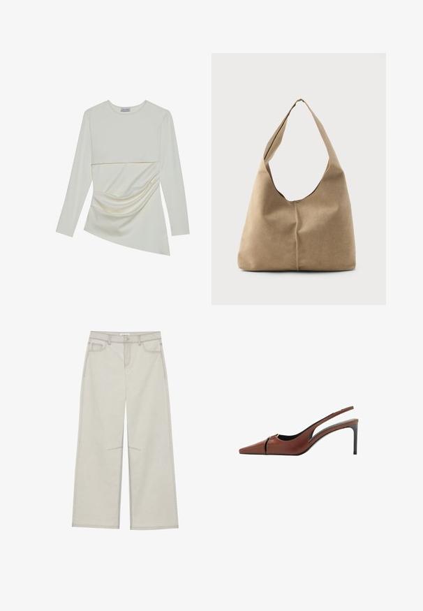 Kremowa bluzka z długim rękawem i okrągłym dekoltem, z warstwowym krojem i marszczonym detalem w dolnej części. Miękki materiał o gładkiej fakturze.; Jasnoszare spodnie szerokie w nogawkach z pięcioma kieszeniami, zapinane na guzik z przodu, z kontrastującymi szwami. Materiał wydaje się miękki i trwały.; Brązowe skórzane obcasy typu slingback z ostrym noskiem, wycięciem w przedniej części i smukłym obcasem w stylu stiletto. Gładka faktura.; Torba hobo w miękkim beżowym zamszu o luźnym kształcie, szerokim pasku na ramię i ręcznie szytym szczególe na przedzie.