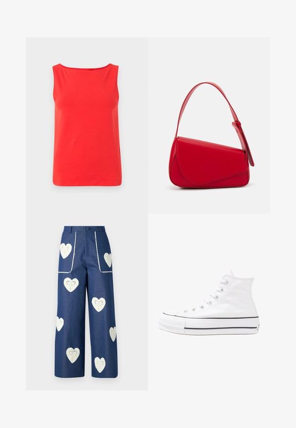 Canottiera rossa senza maniche con scollatura ampia e taglio comodo, realizzata in tessuto morbido e traspirante. Nessun motivo o dettaglio hardware visibile.; Sister Jane HEART TO HEART - Jeans a sigaretta - blue denim; Sneaker alta in tela bianca con suola in gomma nera, punta in gomma frontale e sei asole per i lacci, caratterizzata da un design pulito e minimalista.; Borsa a tracolla in pelle rossa con un design angolare e geometrico. Presenta una singola tracolla regolabile e una chiusura a patta con dettagli cuciti.