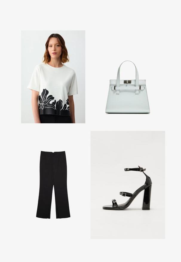 Weißes Kurzarmoberteil mit einem kontrastierenden schwarzen Blumenmuster am Saum. Glatte Textur mit Rundhalsausschnitt.; Schwarze Hose mit geradem Schnitt, ausgestattet mit Fronttaschen und Seitenschlitzen am Saum. Hergestellt aus weichem, glattem Stoff. Geeignet für verschiedene Anlässe.; Schwarze patentierte Sandalen mit Absatz, quadratischer Spitze, Knöchelriemen und silbernen Schnallen. Mit einem stabilen Blockabsatz für mehr Stabilität.; Helle blaue Handtasche mit strukturiertem Design, zwei Griffen und einem Beschlag aus silberfarbenem Metall. Texturiertes Material und scharfe Ecken.