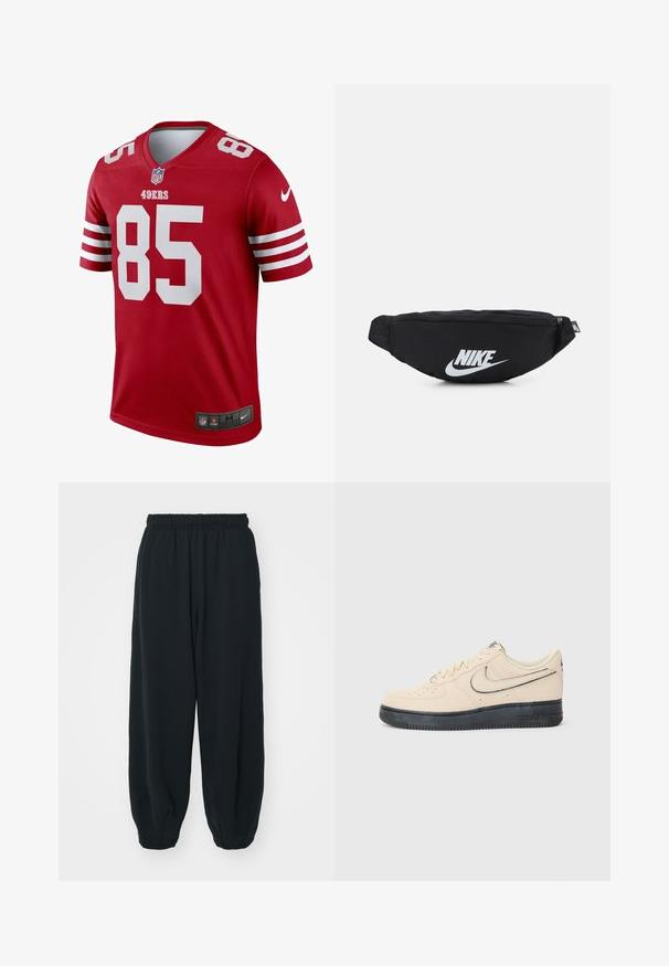 Tricou de fotbal roșu cu accente albe, mâneci scurte și decolteu în V. Arată "49ERS" și "85" în numere mari albe. Logo-ul Nike la baza tricoului.; Pantaloni de trening negri, cu talie elastică, cu o croială lejeră, la baza pantaloni fiind strânși, având o textură netedă și fără modele sau accente metalice vizibile.; Sneakers Nike Air Force 1 din suede bej, cu talpă din cauciuc negru, detalii cusute, vârf perforat și un logo swoosh proeminent.; Rucsac fanny din nylon negru cu închidere cu fermoar, având un logo mare alb Nike. Textură netedă și design ergonomic pentru o purtare confortabilă.