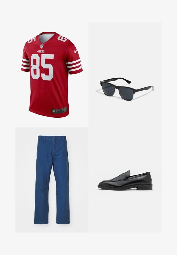 Punainen jalkapallo-paita, jossa on valkoiset yksityiskohdat, lyhyet hihat ja V-kaula-aukko. Esittää suuria valkoisia numeroita "49ERS" ja "85". Nike-logo helmassa.; Siniset puuvillatilkkuhousut suoranlahkeisella muotoilulla, jossa on nappisulku ja sivutasku. Sileä rakenne, ei näkyviä kuvioita tai yksityiskohtia.; Musta nahkakengät, joissa on sileä pinta, pyöristetty varvas ja kapea nauha päällä. Matala paksu kanta.; Mustat aurinkolasit, joilla on suorakulmainen muoto, tummat linssit, hopeiset yksityiskohdat temppeleissä ja matta pinta kehykset.