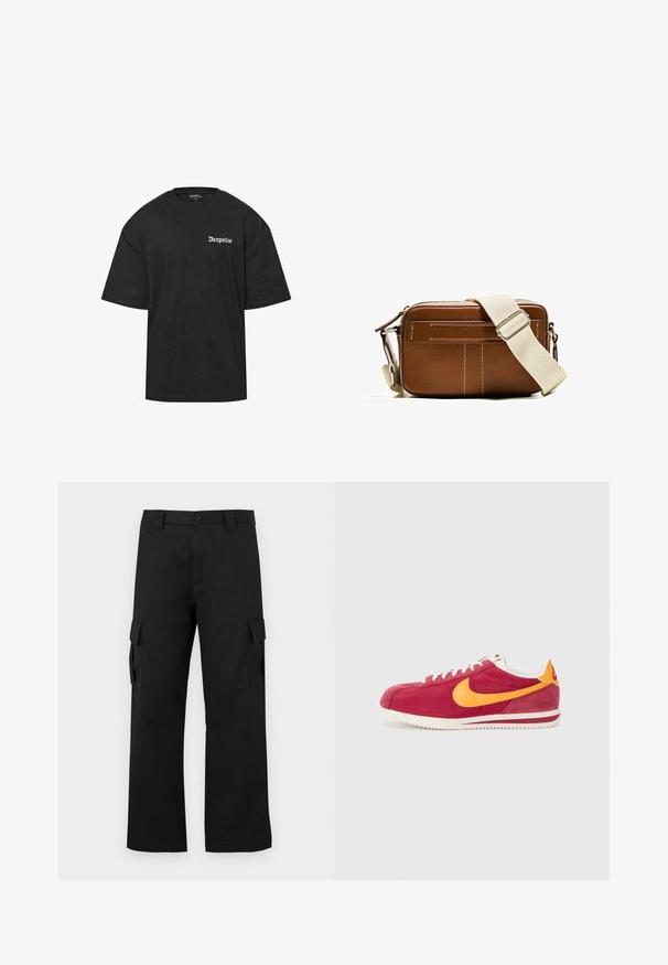 Tricou din bumbac negru cu decolteu rotund și mâneci scurte. Prezintă text alb "Dropsize" pe pieptul stâng. Croială simplă și lejeră.; Pantaloni cargo negri cu un design drept. Confectionati dintr-un material durabil, avand doua buzunare laterale cu clapete si un sistem de inchidere cu nasture.; Tenisi roșii din suede cu accente galbene, șireturi albe și o talpă texturată. Design clasic cu vârf rotund și detalii cu logo pe lateral.; Geantă crossbody din piele maro, cu cusături albe, de formă rectangulară, cu închidere prin fermoar și o curea ajustabilă bej. Are două buzunare frontale.