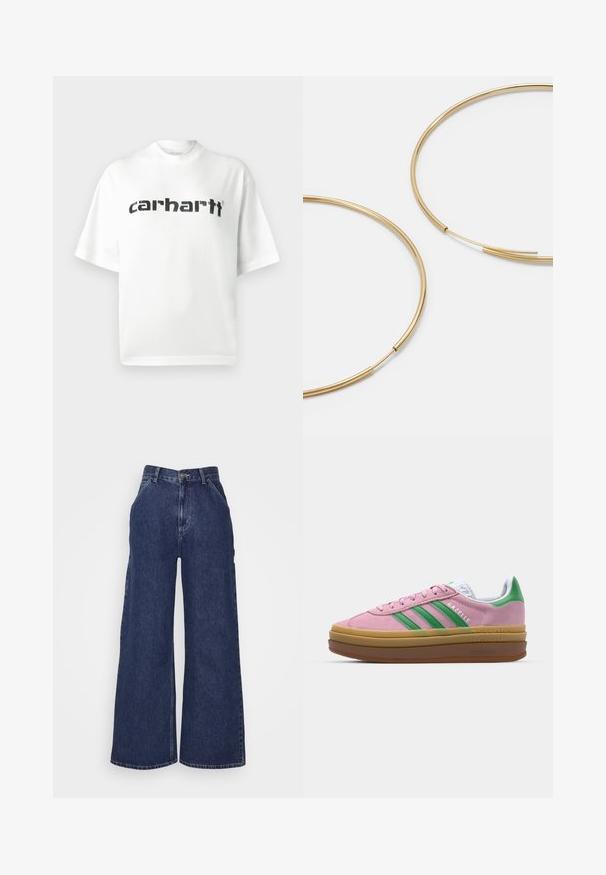 Maglietta bianca in cotone con scollo rotondo e maniche corte. Presenta il logo nero "carhartt" stampato sul petto. Design semplice, vestibilità comoda.; Jeans in denim a gamba larga di colore blu scuro, con vita alta, tasche frontali e chiusura a zip con bottone metallico. Texture liscia e design classico.; Sneakers in suede rosa con strisce verdi, dettagli bianchi e suola in gomma marrone. Presentano un tessuto testurizzato e un logo sulla parte laterale.; Orecchini a cerchio color oro, sottili e rotondi, con una finitura metallica liscia e senza decorazioni o motivi.
