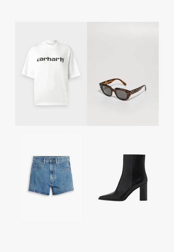 Bijela pamučna majica s okruglim izrezom i kratkim rukavima. Na prsima je ispisan crni logo "carhartt". Jednostavan dizajn, opušteni kroj.; Traper šorts u svijetloplavoj boji, sa pet džepova, rajsferšlusom i kopčanjem na dugme. Rubovi su pohabani, a dizajn je opušten.; Crne kožne čizme do gležnja s izduženim nožnim prstom, kvadratnim potplatom, glatkom teksturom i detaljima šavova duž šavova. Potpetice su visoke približno 8,9 centimetara.; Sunglasses u stilu želatine s kutnim okvirima i sivim lećama. Imaju sjajnu završnu obradu i suptilan brend na sljepoočnicama.
