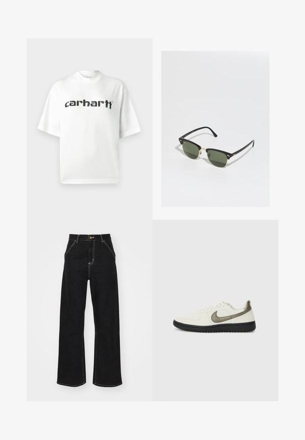 T-shirt en coton blanc avec col rond et manches courtes. Logo noir "carhartt" imprimé sur la poitrine. Design simple, coupe décontractée.; Jean large noir en denim, avec des coutures blanches contrastantes et une fermeture à bouton à l'avant, ainsi que deux poches avant en biais.; Nike Sportswear FIELD GENERAL - Baskets basses - off-white/black; Lunettes noires et dorées avec des verres verts, arborant une forme œil de chat, des accents métalliques et une monture texturée.