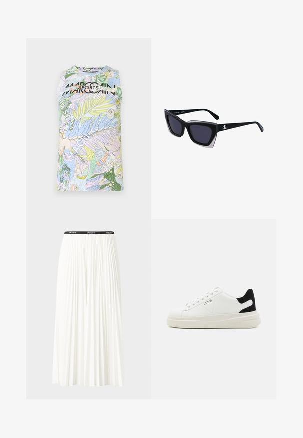Sleeveless sports top in pastel colors featuring a botanical and abstract pattern with a black text logo at the front. Cotton blend fabric.; Pleated white skirt with a black elastic waistband featuring the "LACOSTE" logo. Mid-length design with soft texture.; White leather sneakers with a thick white sole, black suede heel accent, and embossed logo on the side. Laced design with six eyelets.; Black oversized sunglasses with a geometric shape, featuring dark lenses and a contrasting grey detail on the frame. Logo on the arm.