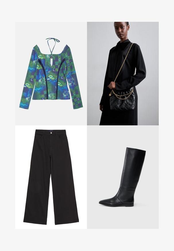 Top a maniche lunghe con scollatura profonda, caratterizzato da motivi astratti blu e verdi, chiusura con nodo sul retro e dettagli neri a contrasto.; Pantaloni neri a gamba larga in denim, con vita alta, tasche frontali e un singolo bottone in metallo in vita, texture liscia.; Stivale nero in pelle fino al ginocchio con punta affilata e design minimalista. Texture liscia e suola piatta, con dettagli di cucitura laterale discreti.; Borsa a tracolla in pelle nera trapuntata con apertura arricciata, tracolla in catena dorata e forma rettangolare, appoggiata su uno sfondo semplice.