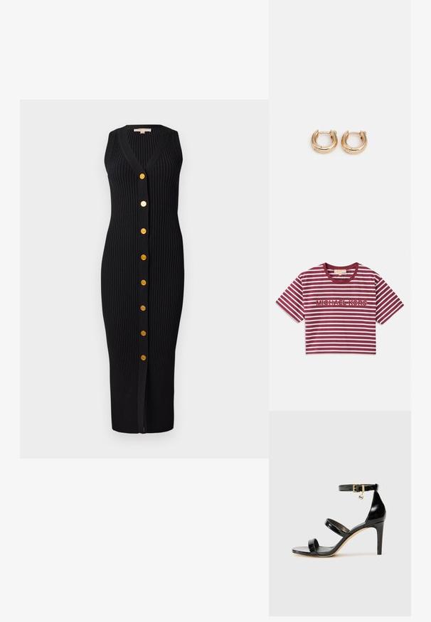 Short-sleeved, cropped t-shirt featuring maroon and white horizontal stripes, with "MICHAEL KORS" embroidered in the center.; Black ribbed knit dress with a V-neckline, sleeveless design, and gold-tone buttons down the front, featuring a fitted silhouette.; Black patent leather sandal with three straps, ankle buckle, and 4-inch stiletto heel. Features gold hardware detail and logo charm.; Black leather crossbody bag with gold chain accents, zipper closure, and a detachable fabric strap. Michael Kors logo on the front.; Gold hoop earrings with a polished finish, featuring a thick, circular design and a secure closure mechanism. Smooth texture and shiny appearance.