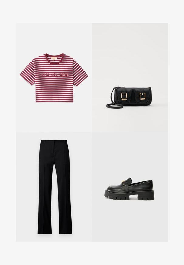 Krata kratkih rukava, skraćeni majica s horizontalnim prugama u bojama mahagonija i bijele, s "MICHAEL KORS" izvezenim u središtu.; Crne ravne hlače od glatke tkanine, s ravnim prednjim dijelom, petljama za remen i bez vidljivih džepova ili ukrasa.; Crne kožne loafersice s debelim potplatom, s zlatnim akcentom sprijeda i glatkim završetkom. Debeli uzorak na potplatu.; Crna kožna torba preko ramena s dva prednja džepa, zlatnim kopčama, zatvaranjem na zip i uskim remenom. Teksturirana površina i kompaktan pravokutan oblik.