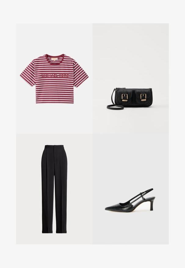 Krátky rukáv, skrátené tričko s marhuľovými a bielymi horizontálnymi pruhmi, s vyšitým nápisom "MICHAEL KORS" v strede.; Čierne prispôsobené nohavice s vysokým pásom, prednými záhybmi, rovnými nohavicami a manžetami na leme. Vyrobené z hladkej tkaniny.; Čierne patentové slingback topánky na ihlovom podpätku s špicatou špičkou, s textúrovaným hadím vzorom, nastaviteľným popruhom a krátkym, textúrovaným blokovým podpätkom.; Čierna kožená crossbody taška s dvoma prednými vreckami, zlatými sponami, zipsovým uzatváraním a úzkym popruhom. Štruktúrovaný povrch a kompaktný obdĺžnikový tvar.