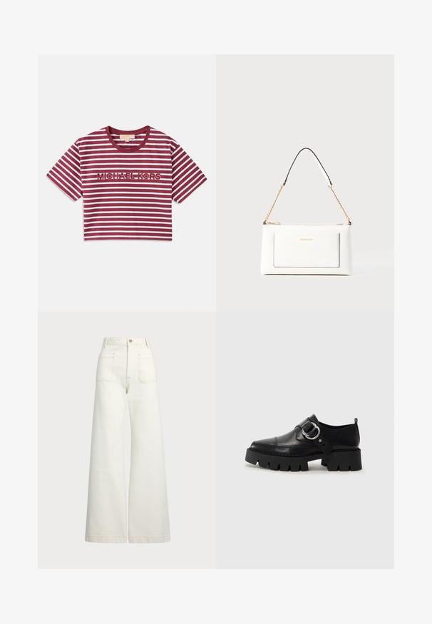 Krátký rukáv, zkrácený tričko s vínově červenými a bílými vodorovnými pruhy, s vyšitým nápisem "MICHAEL KORS" uprostřed.; Džíny s širokými nohavicemi v off-white denim. Vysoký pas s knoflíkovým zapínáním, dvě přední kapsy a detaily kontrastního šití.; Černé kožené boty s robustní ribkovanou podešví, zdobené kruhovým stříbrným kovovým prvkem a minimálním švem.; Bílá kožená kabelka s texturovaným povrchem, zdobená zlatým řetízkem a černými akcenty. Obsahuje přední kapsu a uzavírání na zip.