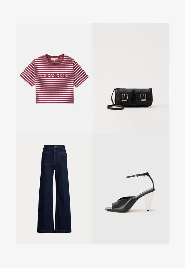 Korte mouwen, cropped t-shirt met bordeauxrode en witte horizontale strepen, met "MICHAEL KORS" geborduurd in het midden.; Brede donkerblauwe denim jeans met een hoge taille, vijf zakken en contrasterende stiksels. Voorzien van een knoopsluiting en een gestructureerde vorm.; Zwarte leren hoge hak sandaal met open teen, asymmetrisch ontwerp, enkelbandje en een metalen kegelvormige hak. Glad oppervlak over het geheel.; Zwarte leren schoudertas met twee vo pockets, gouden gespen, ritsluiting en een smalle band. Tekstuur oppervlak en compacte rechthoekige vorm.