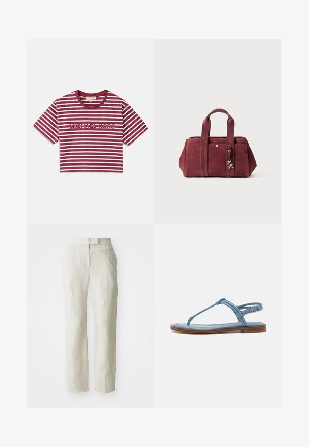 Kortermet, cropped t-skjorte med maroon og hvite horisontale striper, med "MICHAEL KORS" brodert i midten.; Hvite linbukser med skreddersydd passform, med flat front og rette ben. Glatt tekstur med lett rynkedetalj.; Blå lær thong sandal med flad sål, der har et slankt stropdesign og en spænde lukning ved anklen for en sikker pasform.; Burgunderfarget semsket skinnveske med to håndtak, glidelås-lukking, frontlomme og metallcharms. Rektangulær form med myk tekstur.