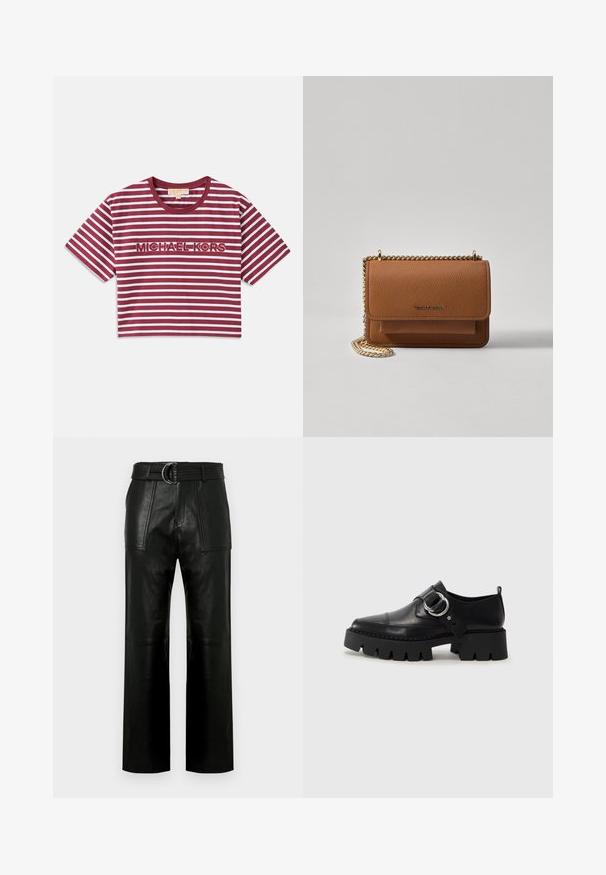 Īsām piedurknēm, īsā T-kreklā ar bordo un baltām horizontālām svītrām, ar uzrakstu "MICHAEL KORS" izšuvumā centrā.; Augstās jostas melni ādas bikses ar plašām kājām, lielām priekšējām kabatām un atbilstošu jostu ar dubultā gredzena sprādzi.; Melni ādas apavi ar masīvu, rievojumu zoli, ar apaļu sudraba aksesuāru un minimālām šuvēm.; Brūna teksturēta ādas plecu soma ar zelta ķēdes siksnu un atloka aizdari. Priekšpusē ir logotipa detaļa un kabata zem atloka.