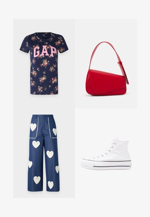 GAP TEE - Apdrukāts T-krekls - navy floral; Sister Jane HEART TO HEART - Džinsi ar taisnām starām - blue denim; Balti augstie kanvas sporta apavi ar melnu gumijas zoli, priekšējo gumijas purngalu un sešām acīm lencēm, kuriem ir tīrs, minimālistisks dizains.; Sarkans ādas rokassomi ar stūrainu, ģeometrisku dizainu. Iekļauj vienu regulējamu siksnu un vāku ar izšūtu detaļu.