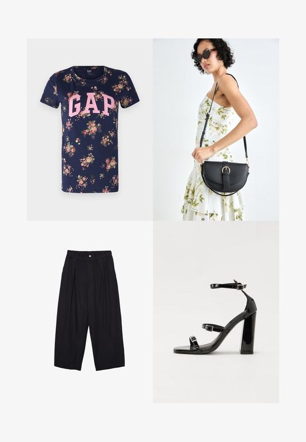 GAP TEE - T-shirt med print - navy floral; Svarta polyester culottbyxor med elastisk midja, två framfickor och en lös silhuett. Inga synliga mönster eller hårdvarudetaljer.; Svarta lackerade högklackade sandaler med två spännband, fyrkantig tå och en tjock klack, med en slät och glansig yta.; Svart läderhandväska med en böjd form, avtagbar rem och guldiga detaljer. Väskan har ett lock med en spänndetalj.