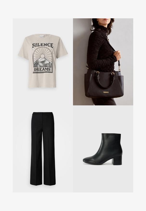 Light beige t-shirt made of cotton, featuring a black graphic print reading "SILENCE" above "DREAMS" with a sun and star designs.; Black wide-leg trousers with a smooth fabric, featuring a high waist, tailored seams, and a minimalist design. No visible hardware or pockets.; Black leather ankle boots with a pointed toe and a chunky heel. Smooth texture with minimal accents and a sleek, fitted design.; Black handbag with textured surface, dual top handles, and adjustable shoulder strap. Features gold-tone hardware and side pockets.
