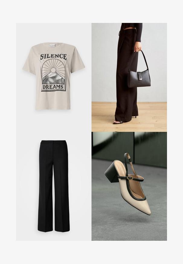 Svetlo bež majica iz bombaža, ki prikazuje črn grafični tisk z besedilom "TIŠINA" nad "SANJE" ter vzorci sonca in zvezd.; Črne široke hlače iz gladkega materiala, z visokim pasom, krojenimi šivi in minimalističnim dizajnom. Brez vidnih zakov ali žepov.; Bežna slingback čevlja z uskim sprednjim delom, črnimi detajli, zlatim zaponko in debelim blokovskim peto na sivi tleh s temno zeleno ozadje.; Črna torbica z strukturirano obliko, gladko teksturo in kovinskim zaponko. Ujemajo se z širokimi črnimi hlačami in odprtimi sandali na lesenem tleh.