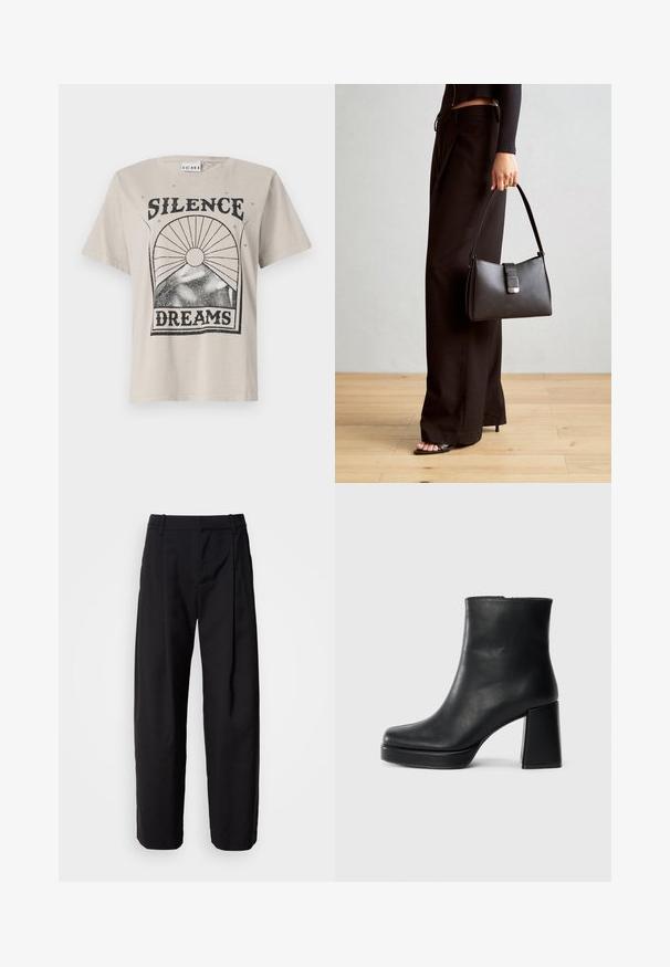 Light beige t-shirt made of cotton, featuring a black graphic print reading "SILENCE" above "DREAMS" with a sun and star designs.; Black trousers with a relaxed fit, pleated front, and belt loops. Smooth fabric and straight legs, featuring side pockets.; Black leather ankle boot with a block heel and platform sole, viewed from the side on a plain white background.; Black handbag with structured shape, smooth texture, and a metallic clasp. Paired with wide black pants and open-toe sandals on wooden floor.