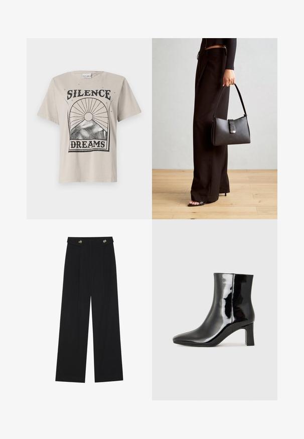 Lichtbeige t-shirt van katoen, met een zwarte grafische print waarop "SILENCE" staat boven "DREAMS" met ontwerpen van een zon en sterren.; Zwarte wijde broek met hoge taille, knoopdetails op de tailleband en plooien aan de voorkant.; Zwarte gepolijste leren enkellaars met een spitse neus en een blokhak van gemiddelde hoogte. Glad textuur en minimalistisch ontwerp.; Zwarte handtas met gestructureerde vorm, gladde textuur en een metalen sluiting. Gecombineerd met brede zwarte broeken en sandalen met open teen op een houten vloer.