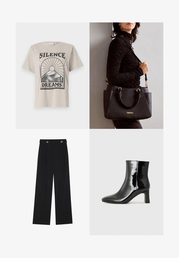 Light beige t-shirt made of cotton, featuring a black graphic print reading "SILENCE" above "DREAMS" with a sun and star designs.; Black wide-leg trousers with high waist, button details on waistband, and front pleats.; Black patent leather ankle boot with a pointed toe and a mid-height block heel. Smooth texture and minimalist design.; Black handbag with textured surface, dual top handles, and adjustable shoulder strap. Features gold-tone hardware and side pockets.