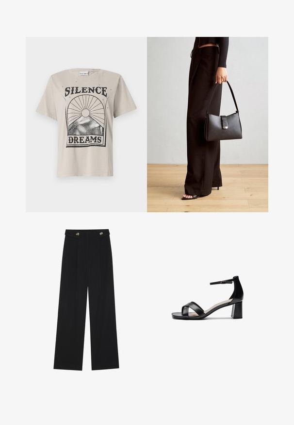 Gaiši bežs t-krekls, kas izgatavots no kokvilnas, ar melnu grafiku, kurā ir rakstīts "KLUSUMS" virs "SAPNI" un saules un zvaigžņu dizains.; Melnas platās bikses ar augstu jostasvietu, pogu detaļām uz jostas un priekšējām krokām.; Melnas atvērtās pirkstgala augstpapēžu čības ar krusteniskām siksnām, regulējamu potītes siksnu un masīlu papēdi, ar gludu ādas virsmu.; Melnā somiņa ar strukturētu formu, gludu tekstūru un metālu sprādzi. Saskaņota ar platām melnām biksēm un sandālēm ar atvērtu purngalu uz koka grīdas.