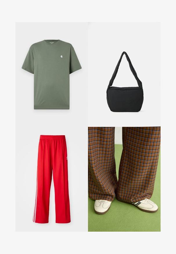 Žalias medvilnės marškinėliai su apykakle, trumpomis rankovėmis ir mažuoju baltu logotipu ant krūtinės. Minkšta tekstūra ir laisvas fasonas.; Raudoni sportiniai džinsai, pagaminti iš lengvos medžiagos, su elastinga juosmens juosta, dviem baltomis šoninėmis juostomis ir mažu logotipu ant klubo.; Rudos ir mėlynos langelinės plačios kelnės, derinamos su baltais batais su juodais akcentais ir tekstūruotais padais, prieš žalią foną.; Juodas pečių krepšys su paminkštinta tekstūra, apvalia forma ir plačia juostele, su iškilminiu logotipu priekyje.