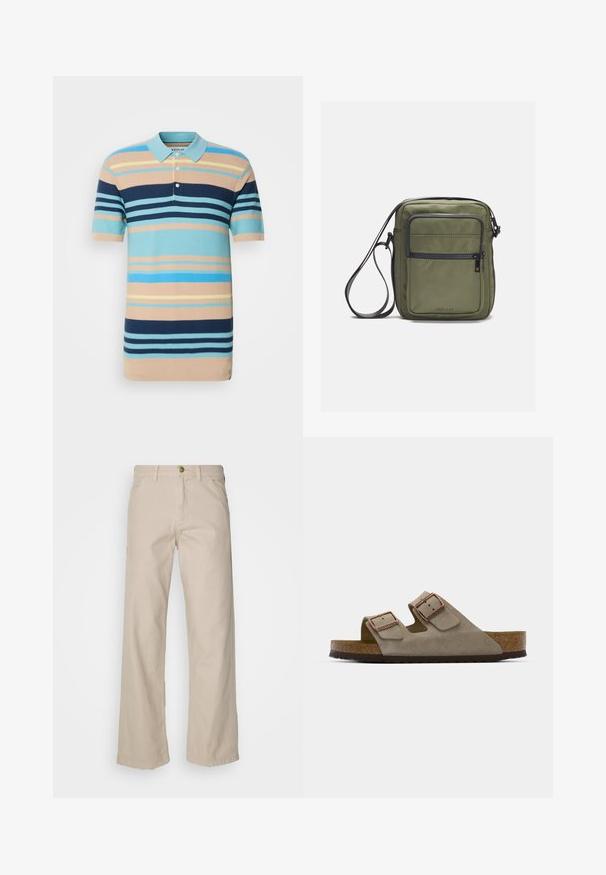 Randig pikétröja i ljusblått, marinblått och beige, med korta ärmar, krage och tvåknappsslutning, tillverkad av strukturerad stickad materia.; Beige bomullsbukser med vida ben, fem fickor, knappstängning och bälteslöljer; slät textur med rak skärning och fåll.; Suedelik sandaliaslipp i ljusgrått med två justerbara spännen, en kork-mellansula och en texturerad gummisula.; Olivgrön crossbody-väska med en slät yta, som har en framtida dragkedjeficka och justerbar rem. Tillverkad av slitstarkt nylontyg.