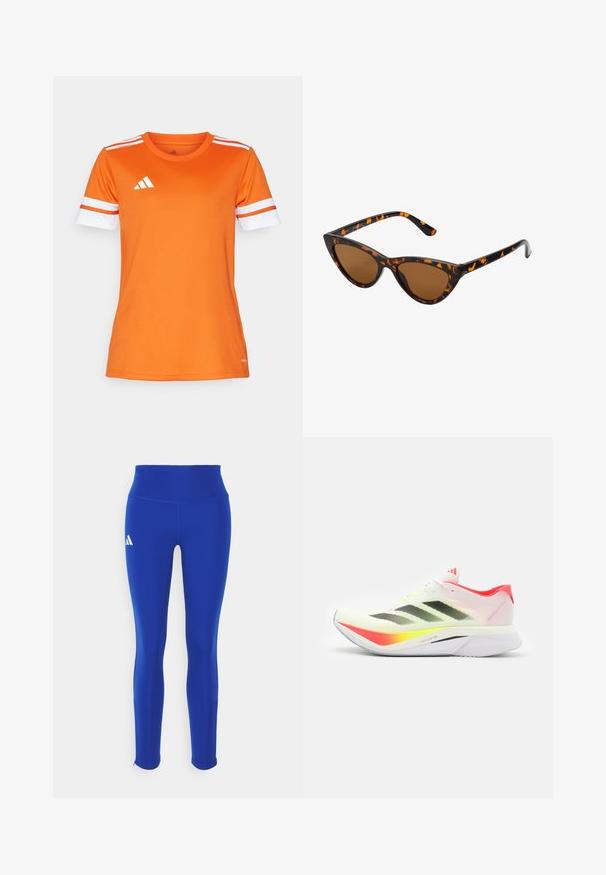 Oranžové sportovní tričko s bílými a oranžovými pruhovanými rukávy, vyrobené z hladkého materiálu. Na hrudi se nachází logo Adidas v bílé barvě.; Modré sportovní legíny s vysokým pasem, vyrobené z elastického materiálu, s bílým logem na levém boku a diskrétními lemy.; Běžecká obuv s lehkým bílým síťovaným svrškem, černými pruhy, neonově žlutými akcenty, růžovou patou a zakřivenou bílou podrážkou.; Sluneční brýle ve stylu kočičích očí s černo-oranžovým želvovinovým rámem, hnědými skly a elegantními, špičatými konci. Obsahují minimalistické logo na straně.