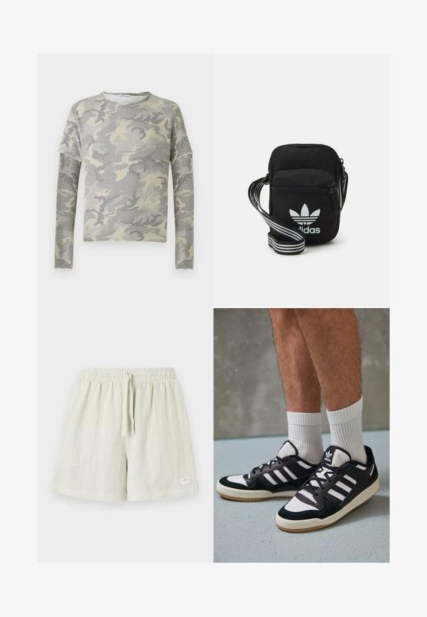 Szürke mintás kapucnis pulóver hosszú ujjal, kerek nyakkal és enyhén ejtett vállú kialakítással. Puha anyagból készült, sima textúrával.; Világosszínű hálós sort, elasztikus derékkal és zsinórral. A bal alsó sarokban kis logó részlet látható, anyaga texturált.; Fekete-fehér tornacipők velúr és bőr felsőrésszel, három fehér csíkkal, perforált orral és gumi talppal.; Fekete anyagú, keresztpántos táska cipzáras záródással, fehér Adidas logóval és csíkos állítható pánttal a könnyű hordozás érdekében.